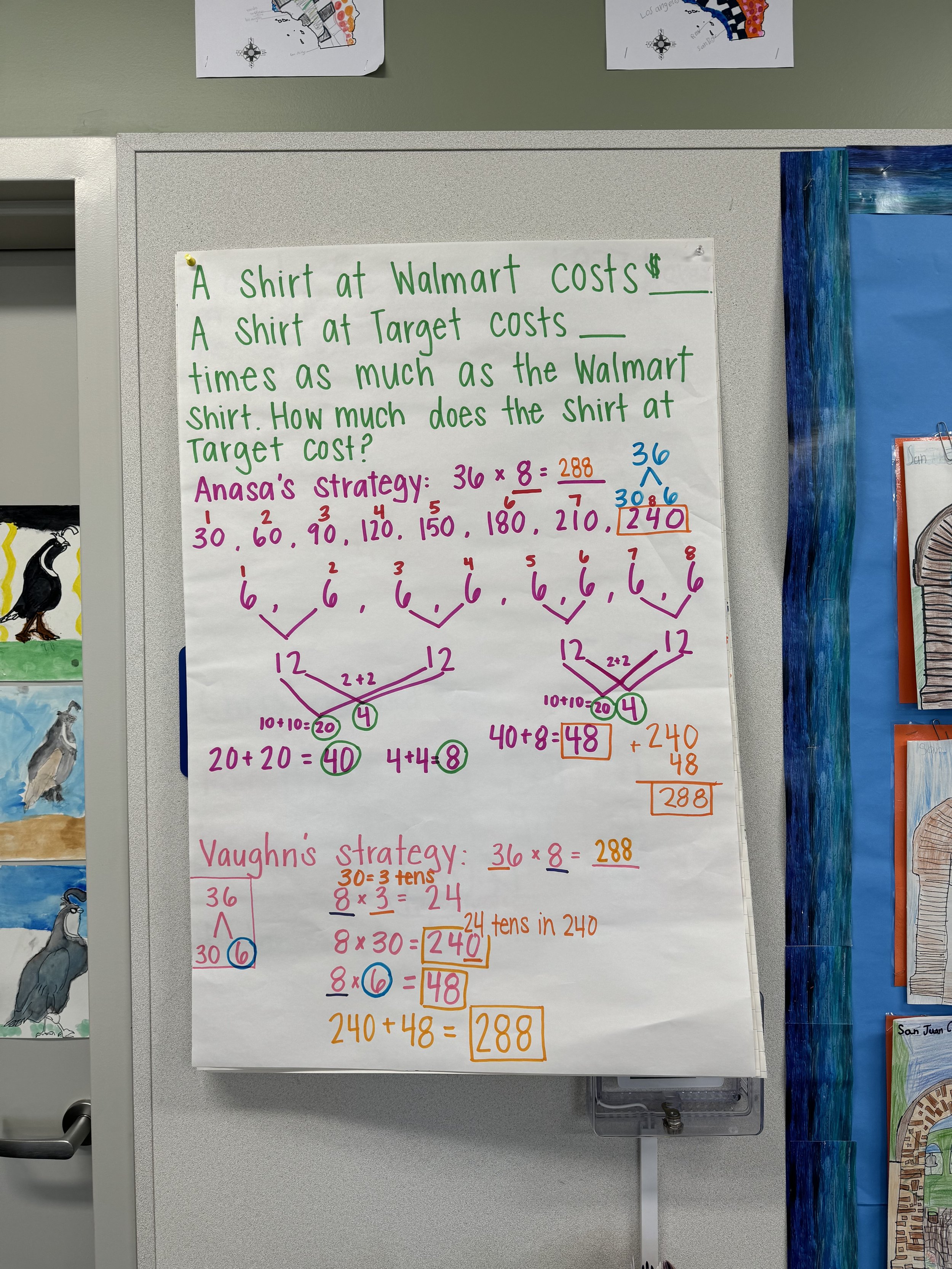 Another math share out where students solved the problem the day prior and were intentionally chosen to share their strategies with the class.