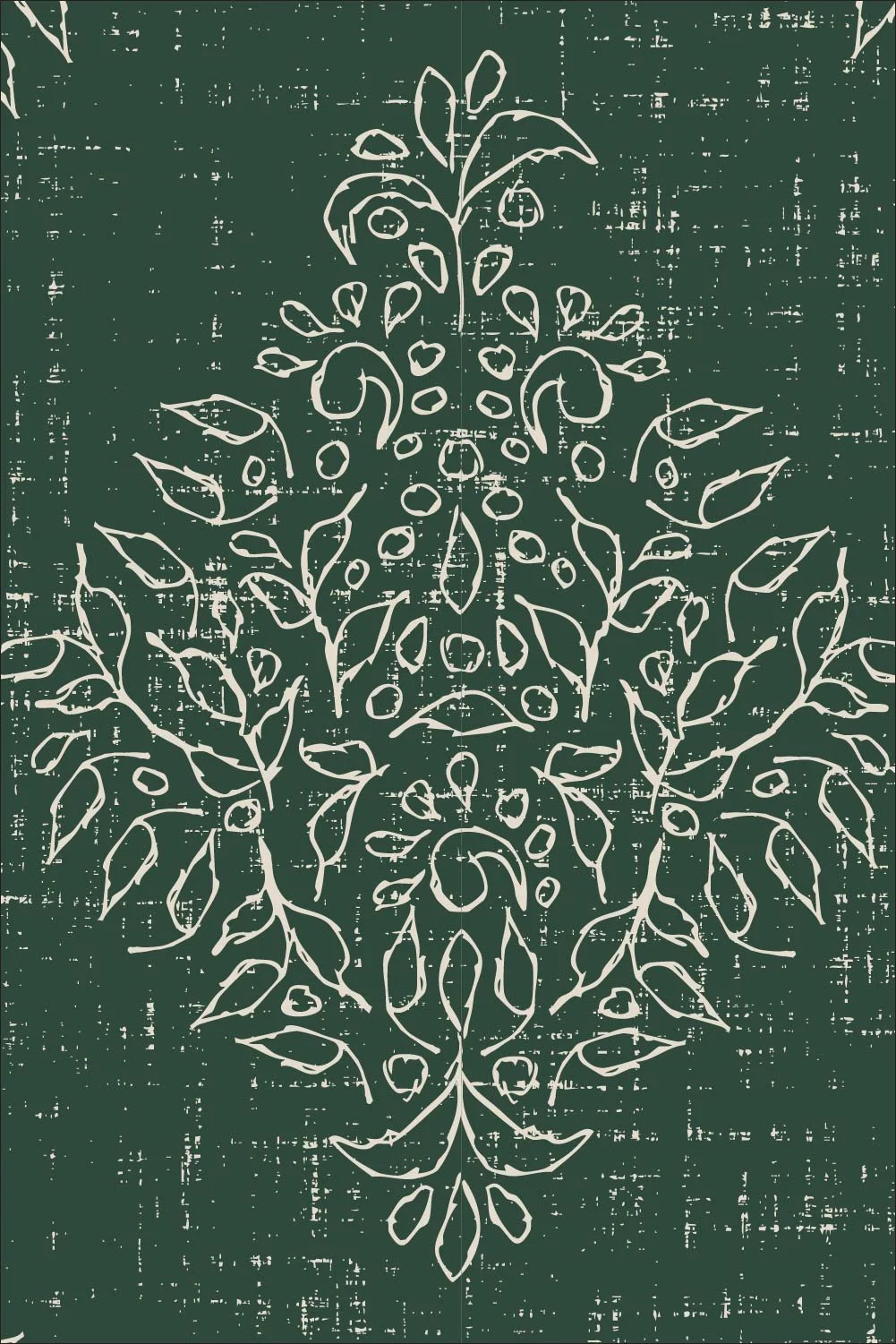 Cream white Folk Damask pattern on a deep forest pine green background.