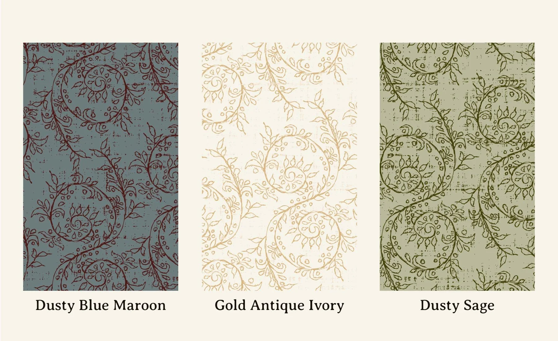 Three Grove Vine botanical pattern colorways by Raspberry Tapestry: Dusty Blue Maroon, Gold Antique Ivory, and Dusty Sage.
