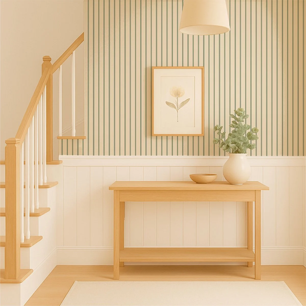 Traditional green striped wallpaper with cream accents in a warm entryway with wood stairs and white wainscoting.