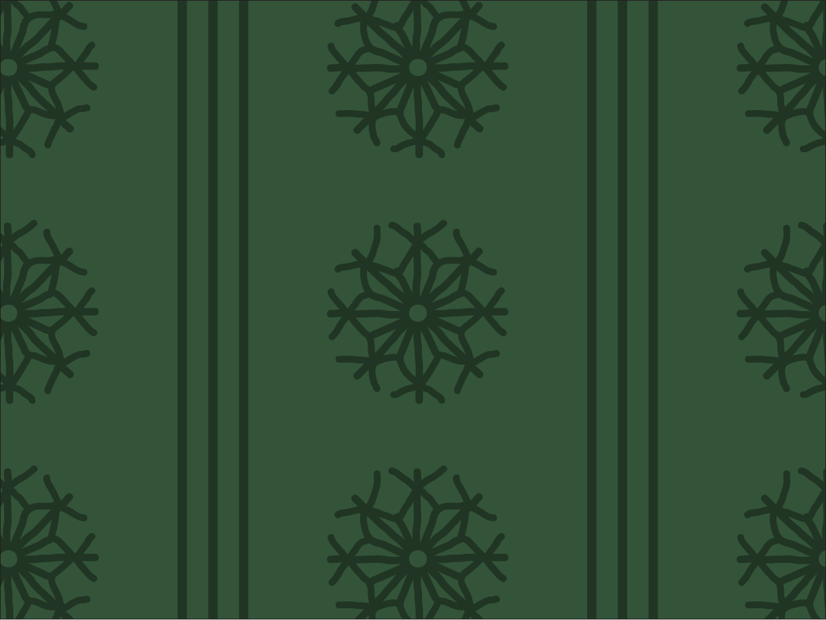 Dark green tonal stripe pattern with large hand-drawn straw ornament motifs.