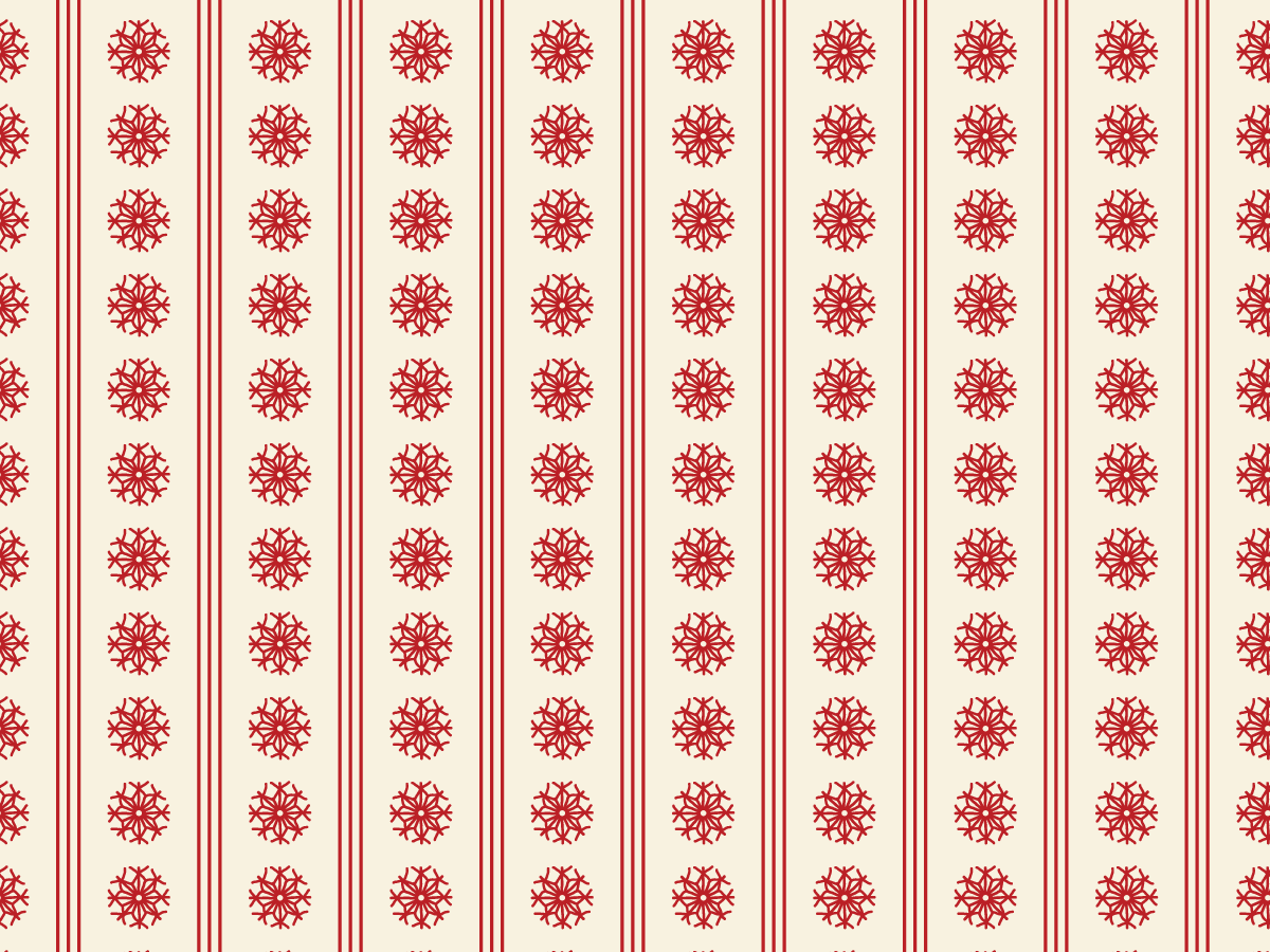 Small red hand-drawn straw ornaments arranged in rows between narrow red stripes on warm cream.