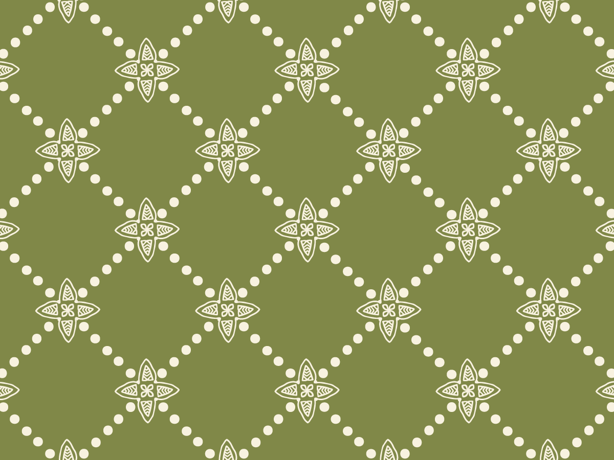 Cream hand-drawn floral stars connected by dotted cream lines on a muted olive green background.