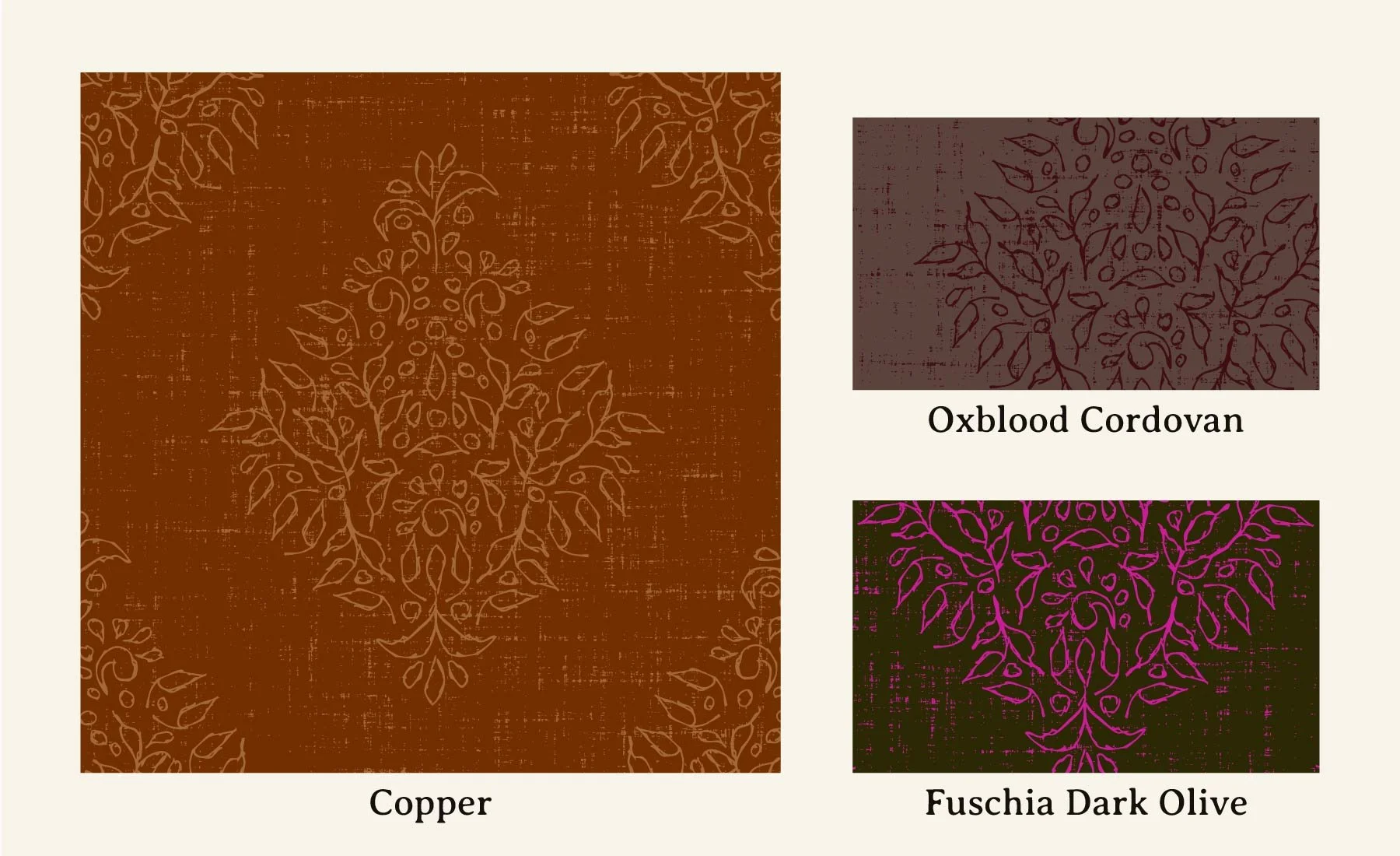 Three Folk Damask colorways from the Grove Vine collection: Copper, Oxblood Cordovan, and Fuchsia Dark Olive.