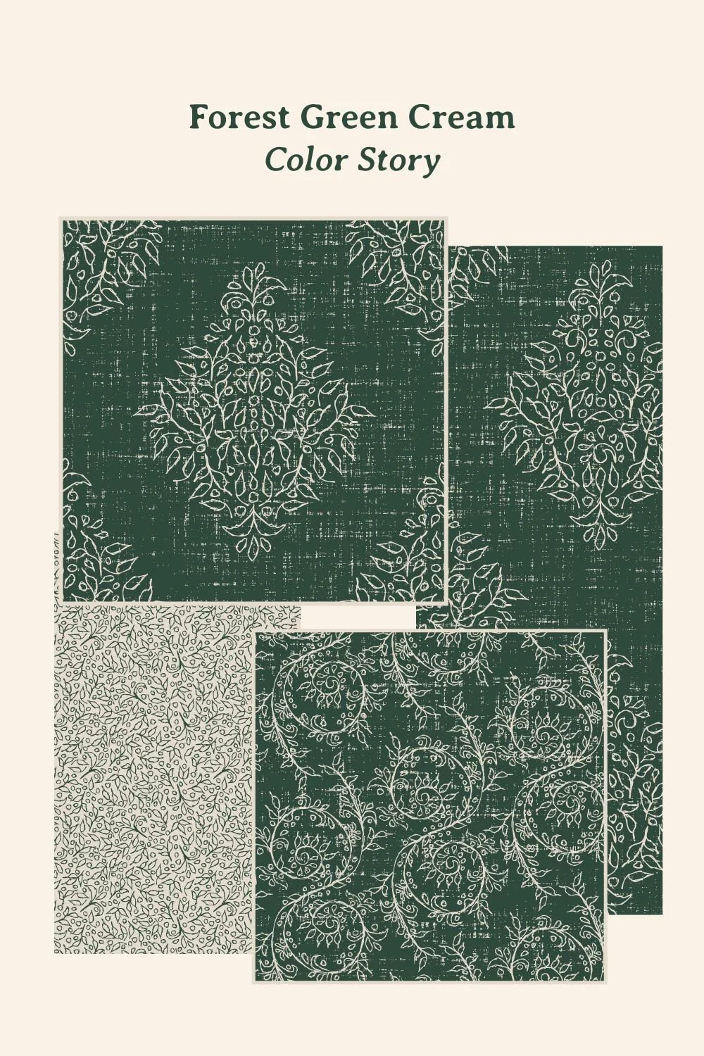 Five coordinating Grove Vine patterns in forest pine green and cream, including damask, botanical and paisley-inspired designs.