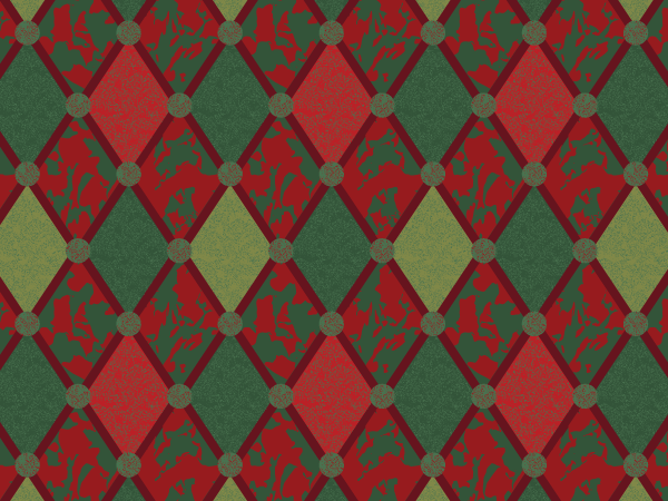 Textured red and green harlequin diamond pattern with holly motifs and muted green accents.