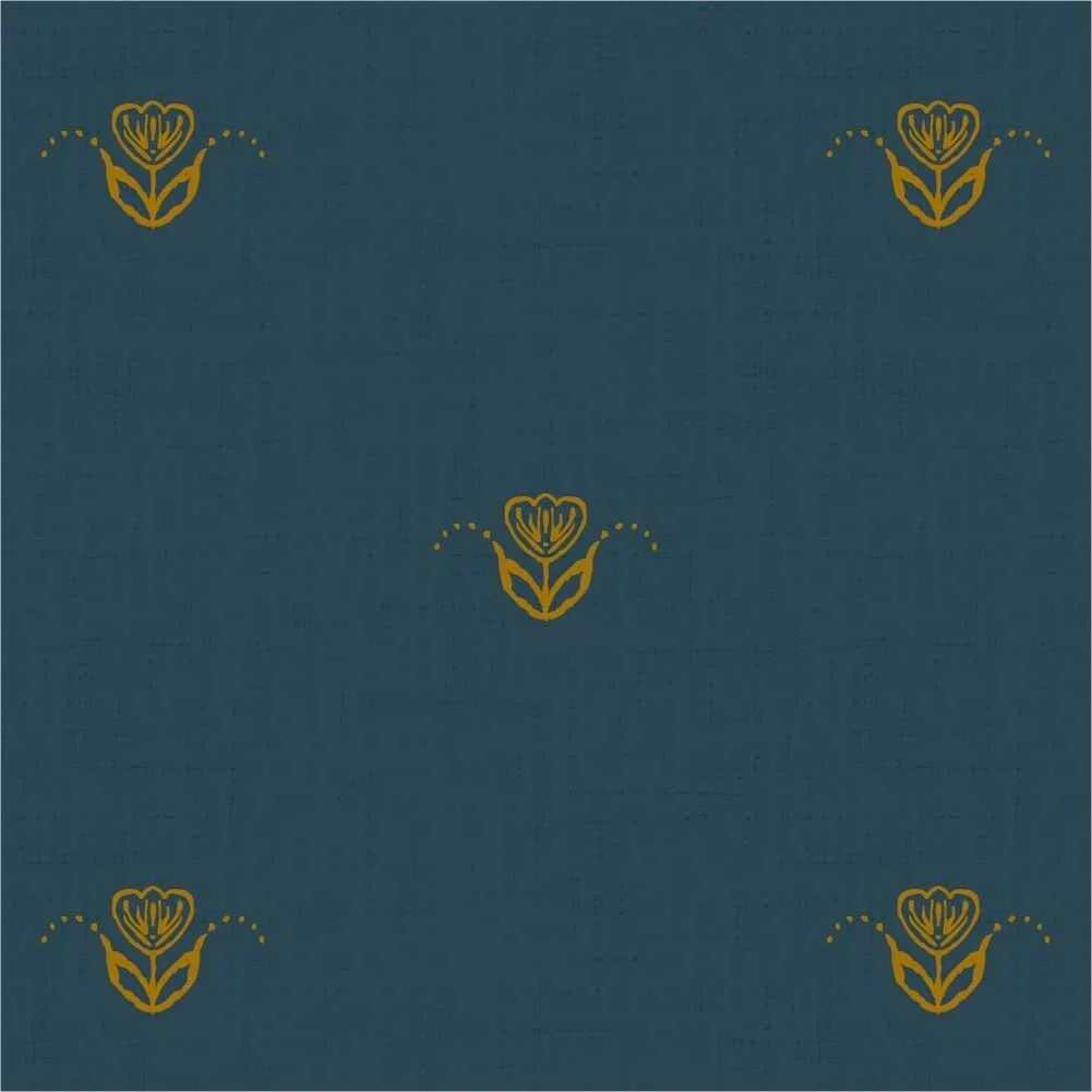 Scandi Tulip pattern with widely spaced antique gold tulips on a textured fjord teal background.
