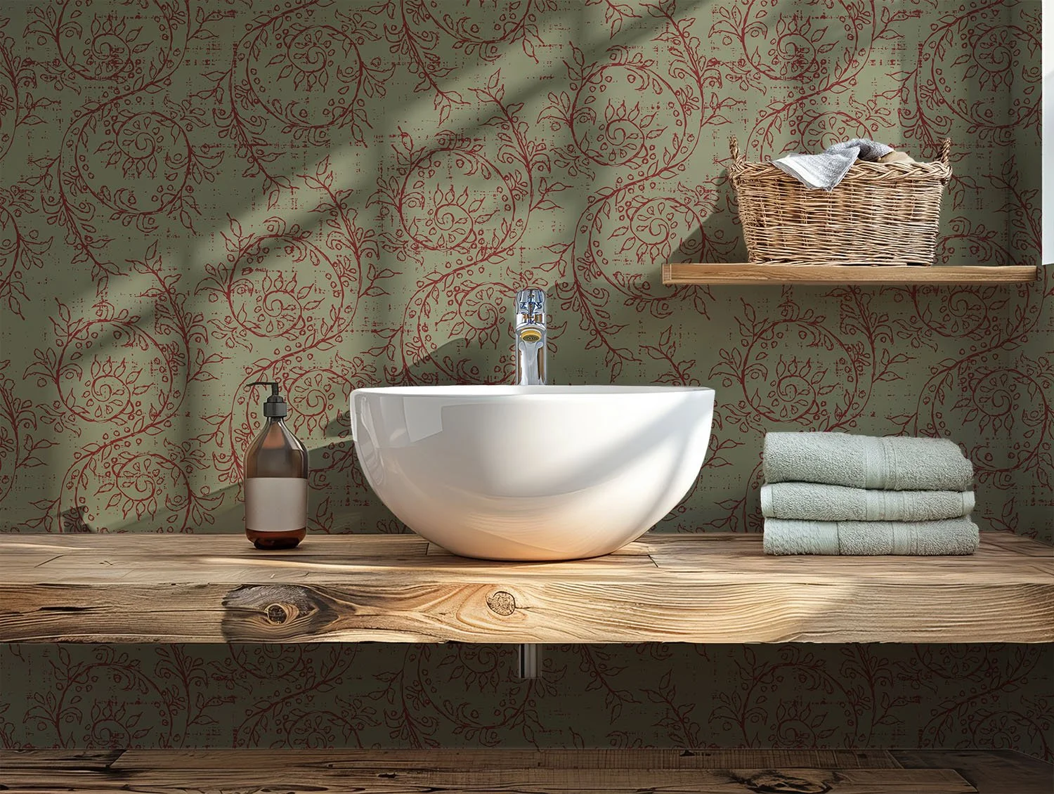Brick Sage Grove Vine wallpaper with curling botanical vines behind a white vessel sink, rustic wood vanity, folded towels and a woven basket.