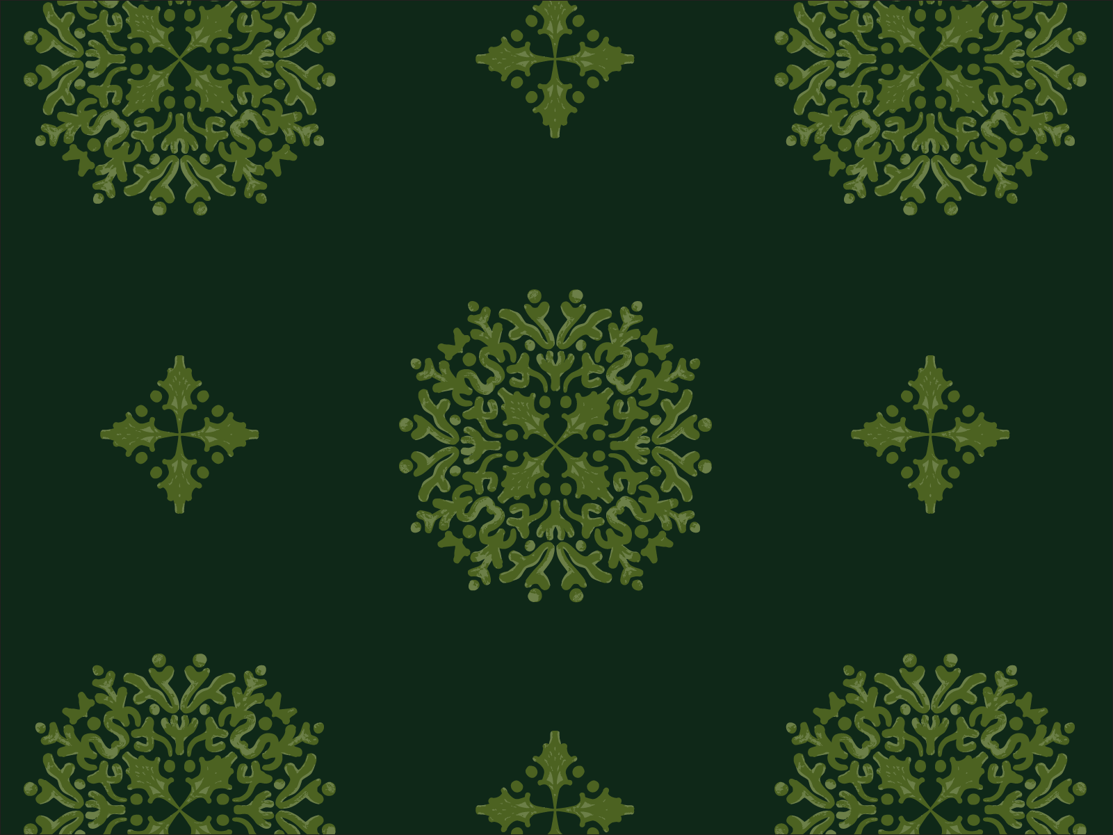 Greenery Medallion Damask pattern on dark evergreen background.