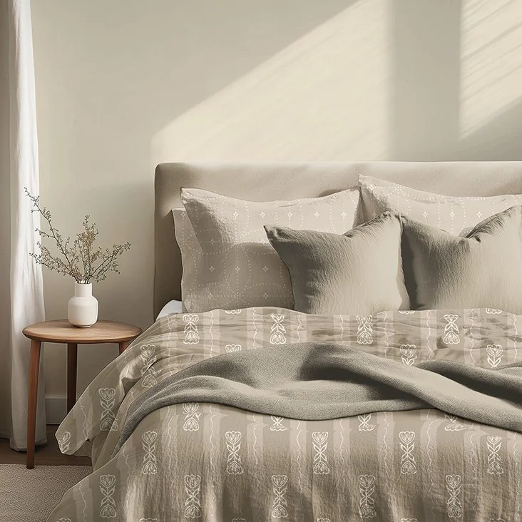 Neutral bedroom mockup with Scandi Tulip tan and ivory patterned bedding, coordinating pillows, and a soft gray blanket.