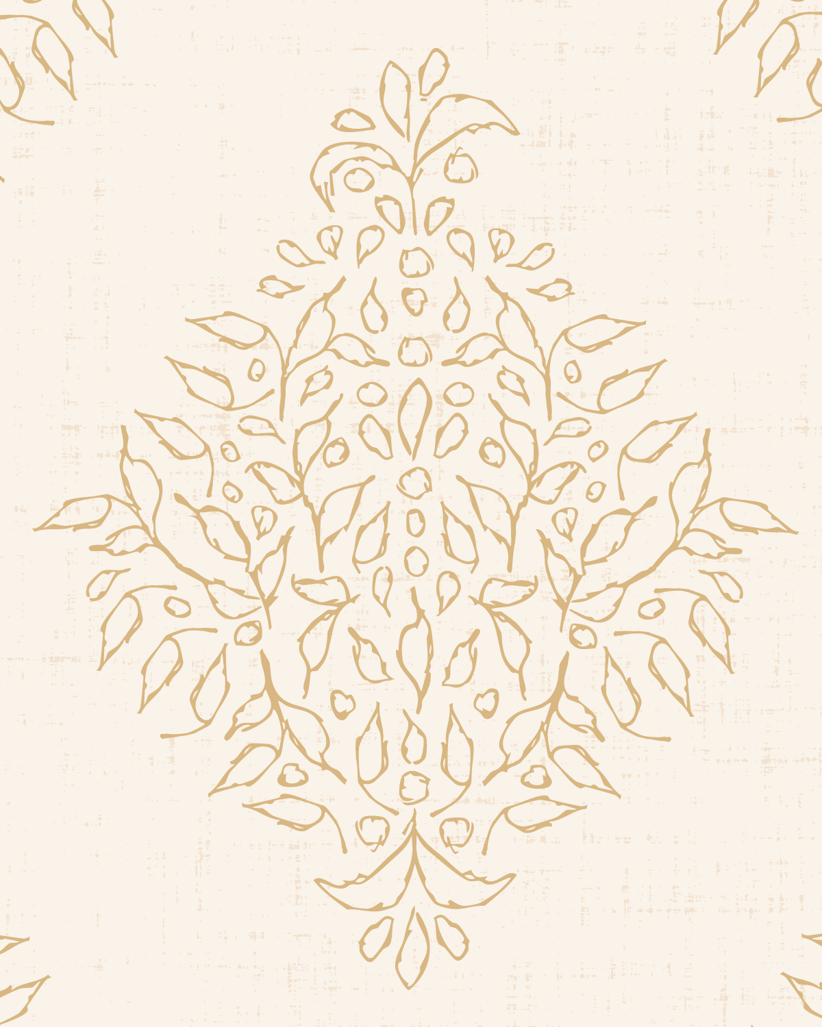 Quiet Garden damask pattern in gold on an antique ivory linen-texture background with an elegant botanical medallion.