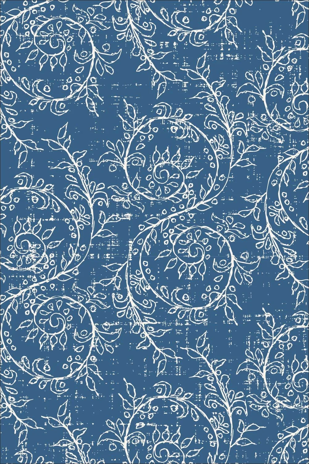 White hand-drawn Grove Vine pattern on a French blue background.
