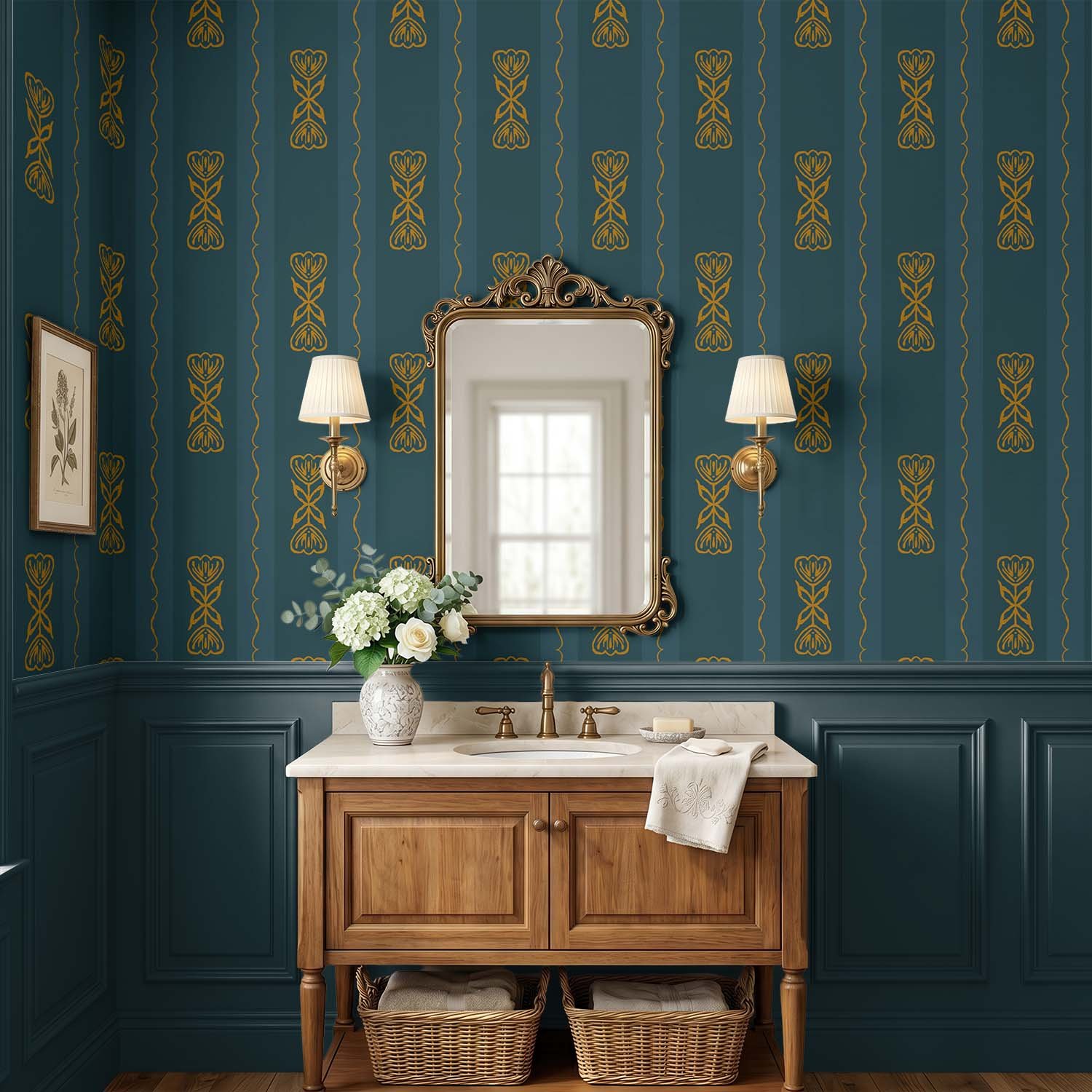 Fjord teal and antique gold Scandi Tulip floral stripe wallpaper above dark teal wainscoting in a powder room with a wood vanity and brass mirror.