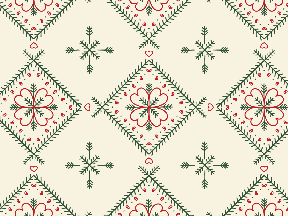 Scandinavian-inspired red hearts and dark green evergreen branches forming diamond motifs on warm cream.