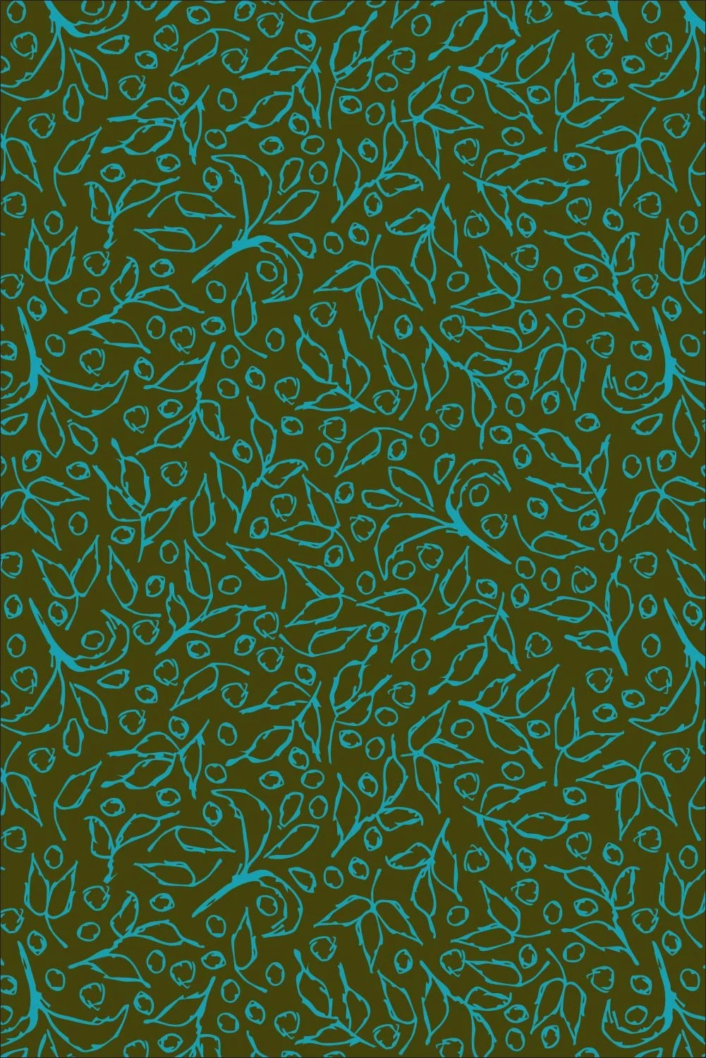 Dark olive green Botanical Toss pattern with lagoon turquoise hand-drawn leaves, stems and botanical details.
