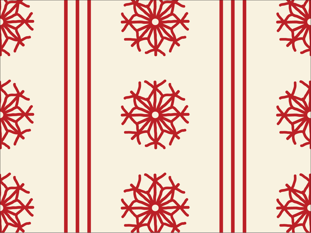 Large red hand-drawn straw ornaments alternating with narrow red vertical stripes on warm cream.