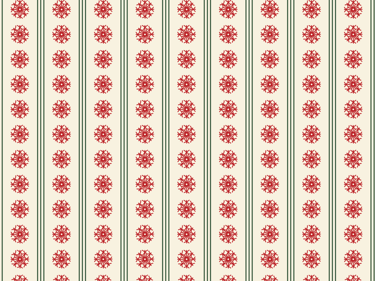 Small red hand-drawn straw ornaments arranged in rows between dark green stripes on warm cream.