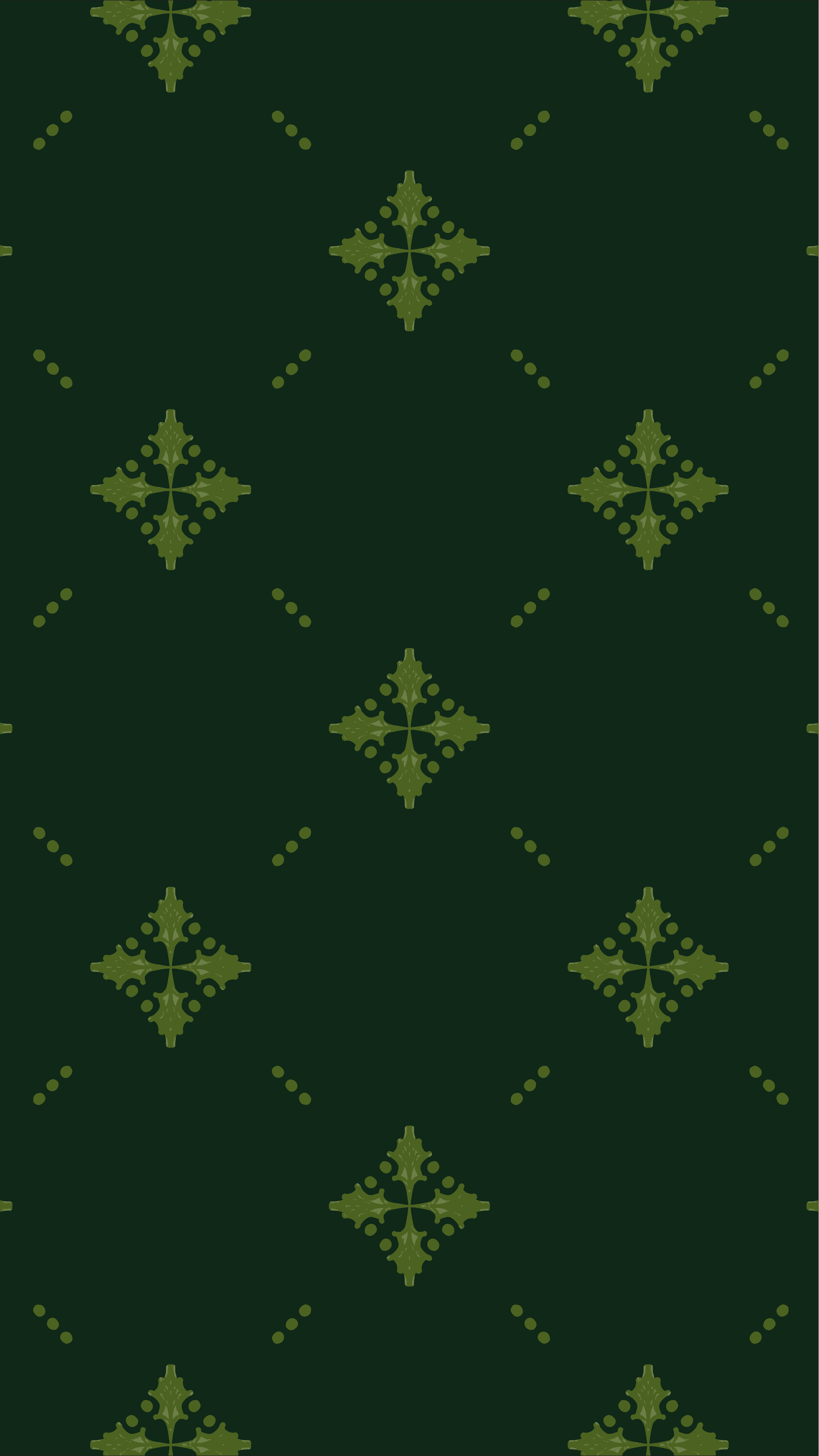 Evergreen phone wallpaper featuring a repeating geometric lattice with hand-drawn leafy shapes in muted olive green.