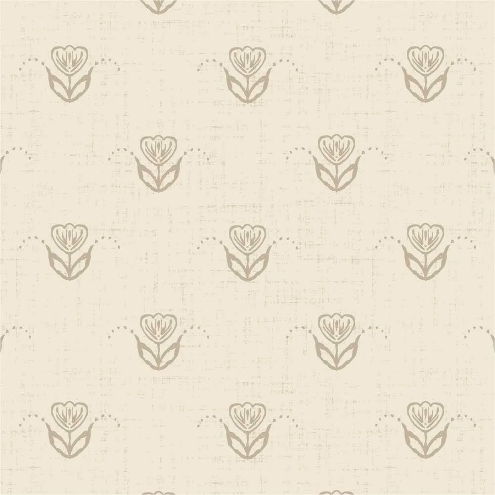 Scandinavian Tulip Garden pattern with closely spaced tan tulips in staggered rows on an ivory background with a linen-like texture.