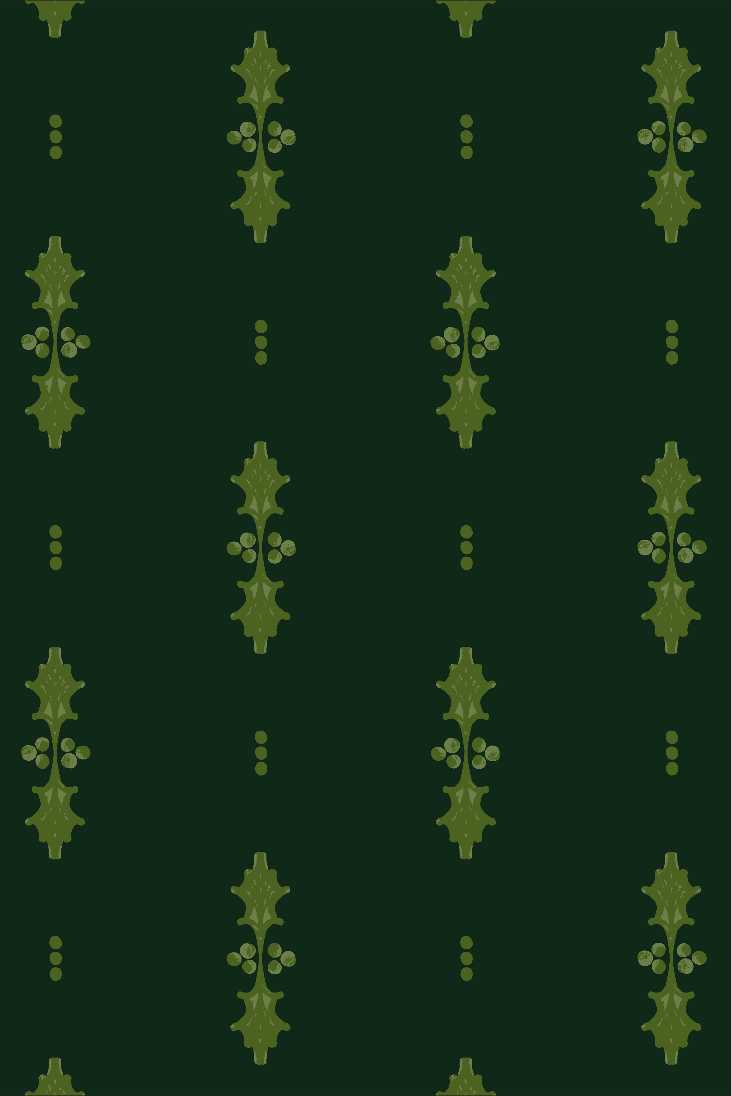 Striped pattern with delicate green leaves and berries on a deep evergreen background
