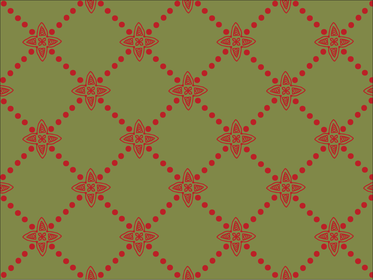 Red hand-drawn floral stars connected by dotted red lines on a muted olive green background.