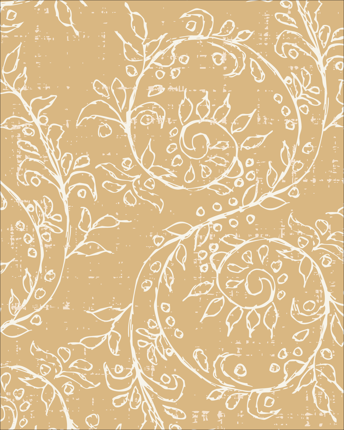 Grove Vine scrolling botanical pattern in gold on a warm antique ivory background with flowing vines and leaves.