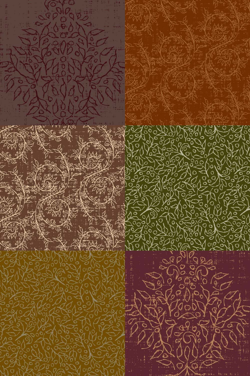 Six Grove Vine botanical patterns in autumn shades of tobacco brown, parchment, olive green, ochre gold, burgundy and burnt orange.