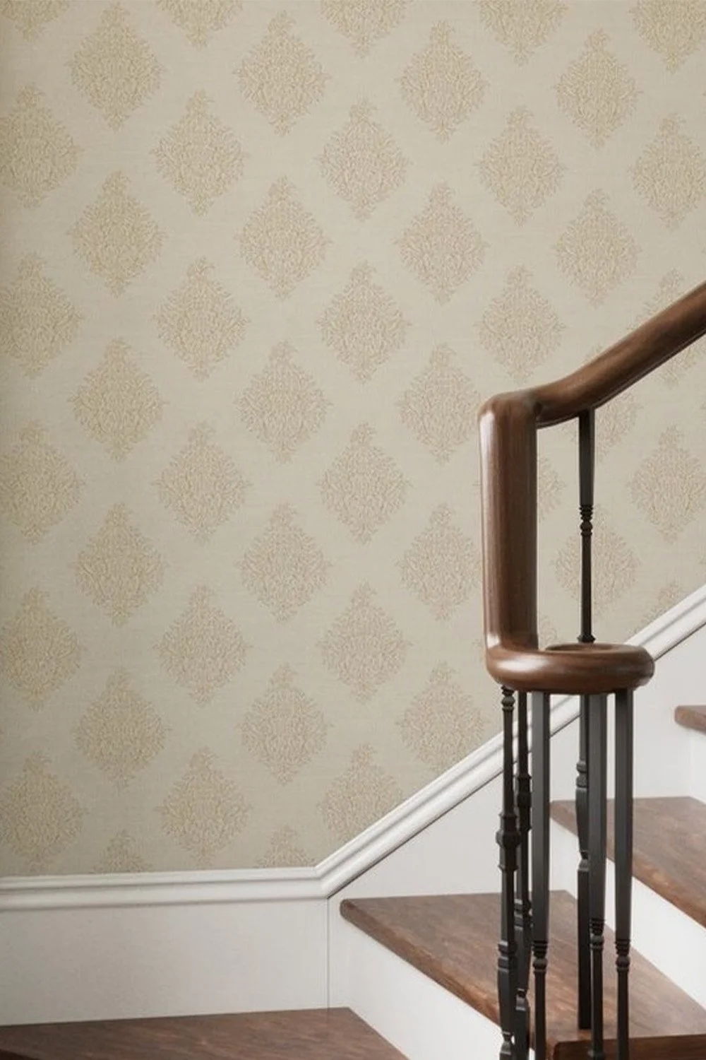 Traditional staircase with Quiet Garden Damask wallpaper in antique ivory and gold, featuring a delicate hand-drawn botanical medallion pattern inspired by heritage gardens.