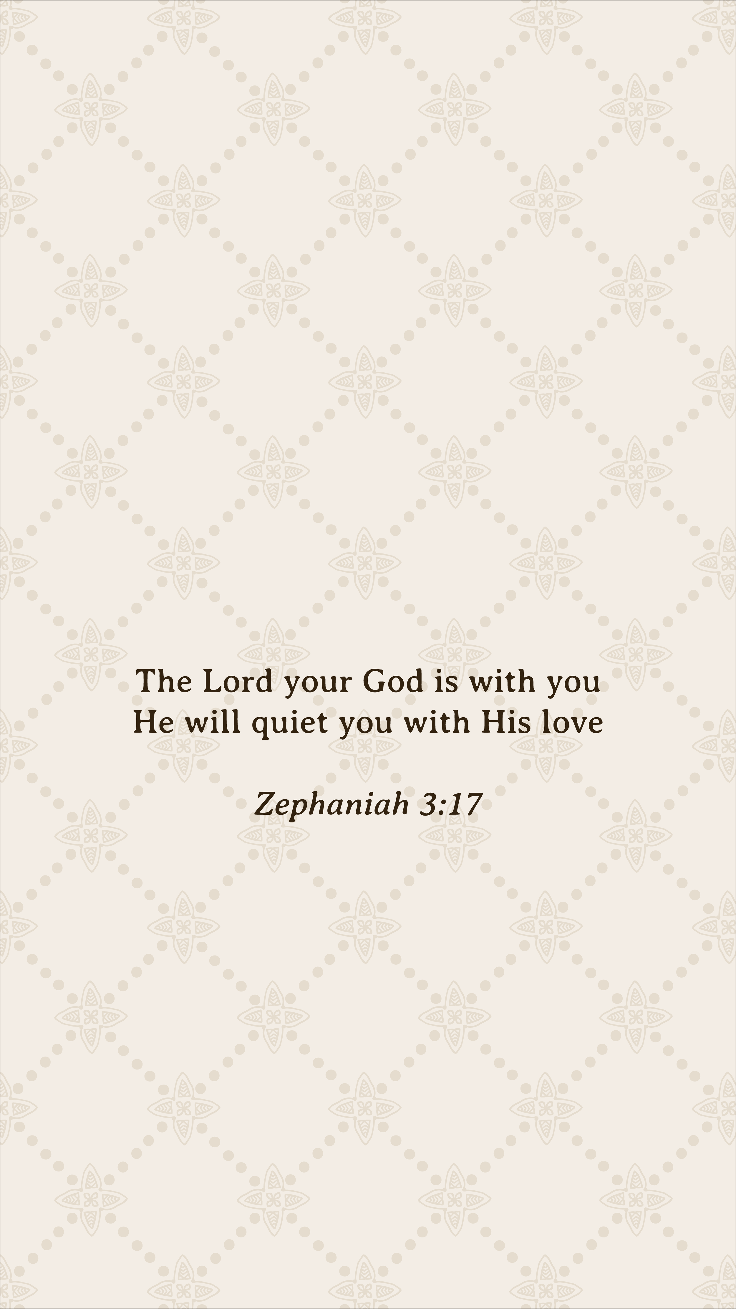 Scripture verse from Zephaniah 3:17 displayed on a soft neutral patterned background, offering a calm and peaceful visual moment.