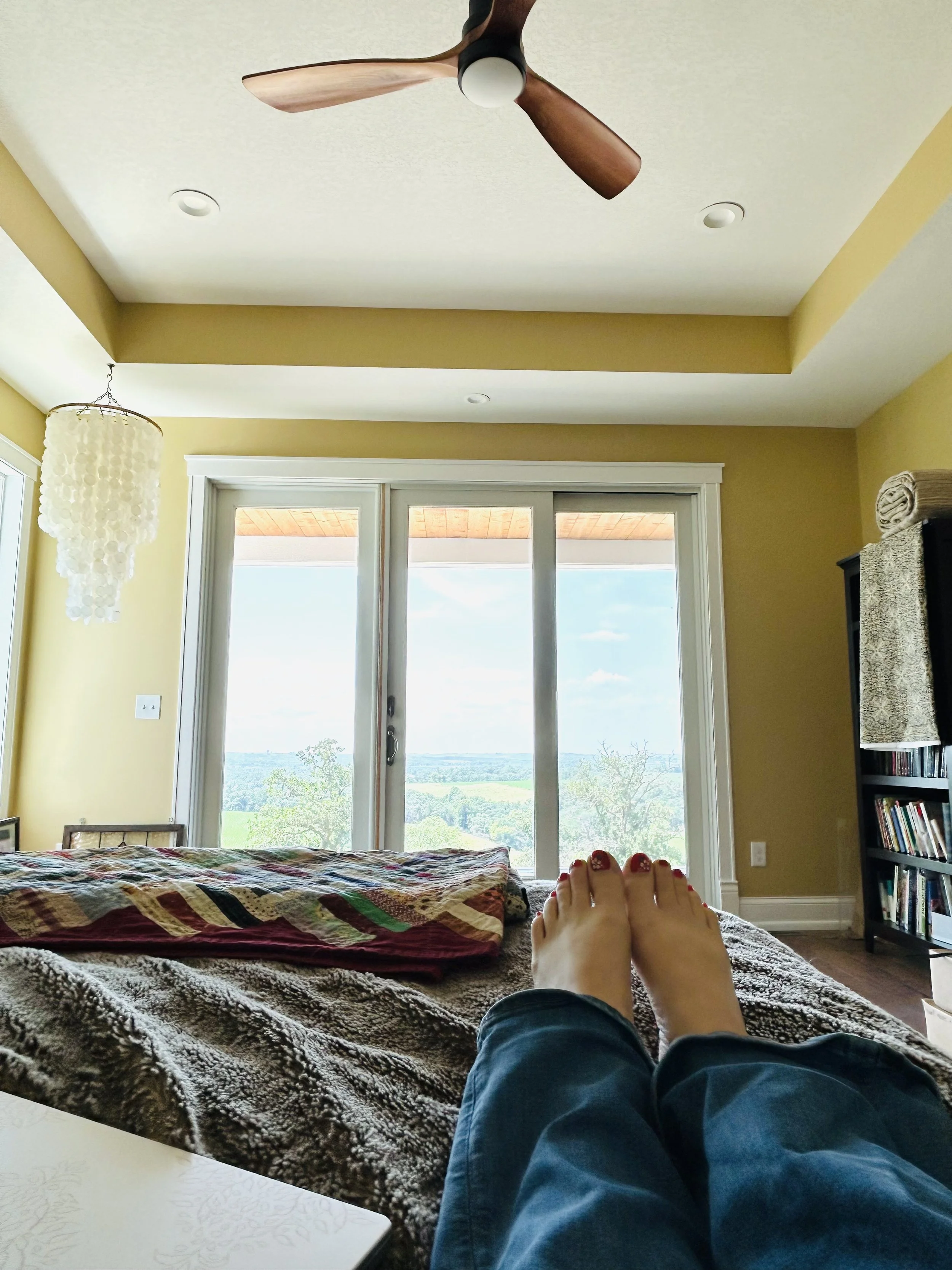 Morning view from the bed across the master suite toward large windows overlooking rolling Minnesota farmland.