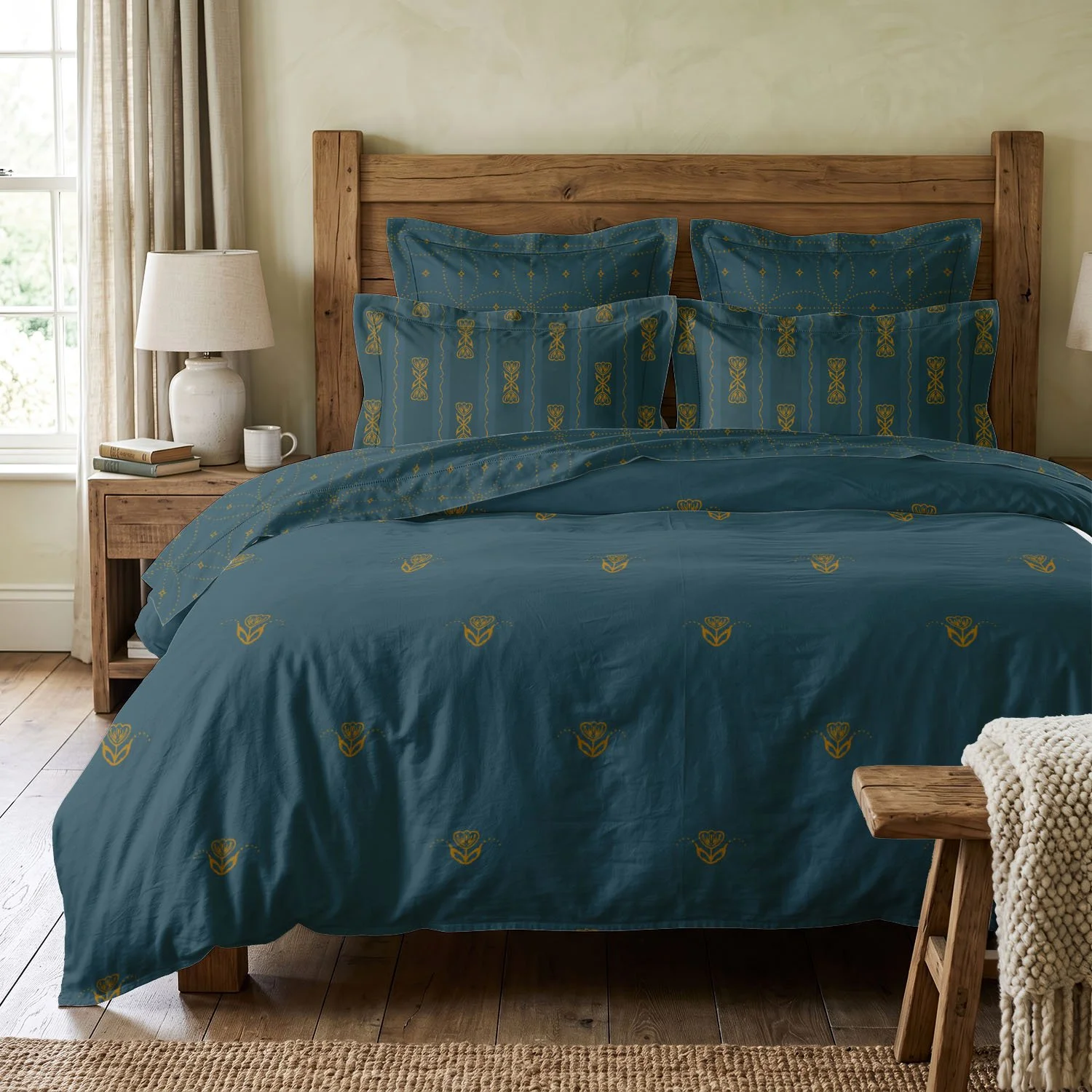 Fjord teal bedding with antique gold Scandi Tulip floral motifs, coordinating patterned pillows, and a wooden headboard.