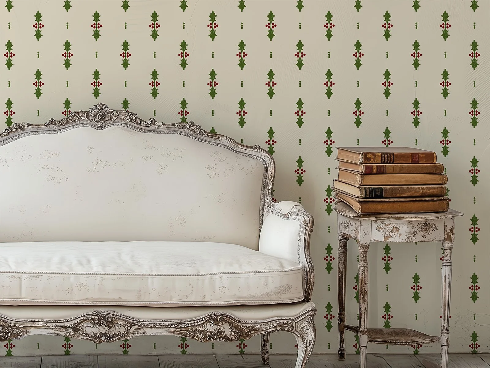 Antique settee and side table vignette with holly stripe wallpaper from the heirloom greenery collection