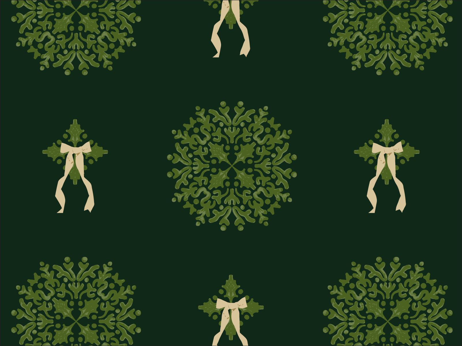 Pattern featuring greenery medallions and winter wheat gold bows, on a dark evergreen background.