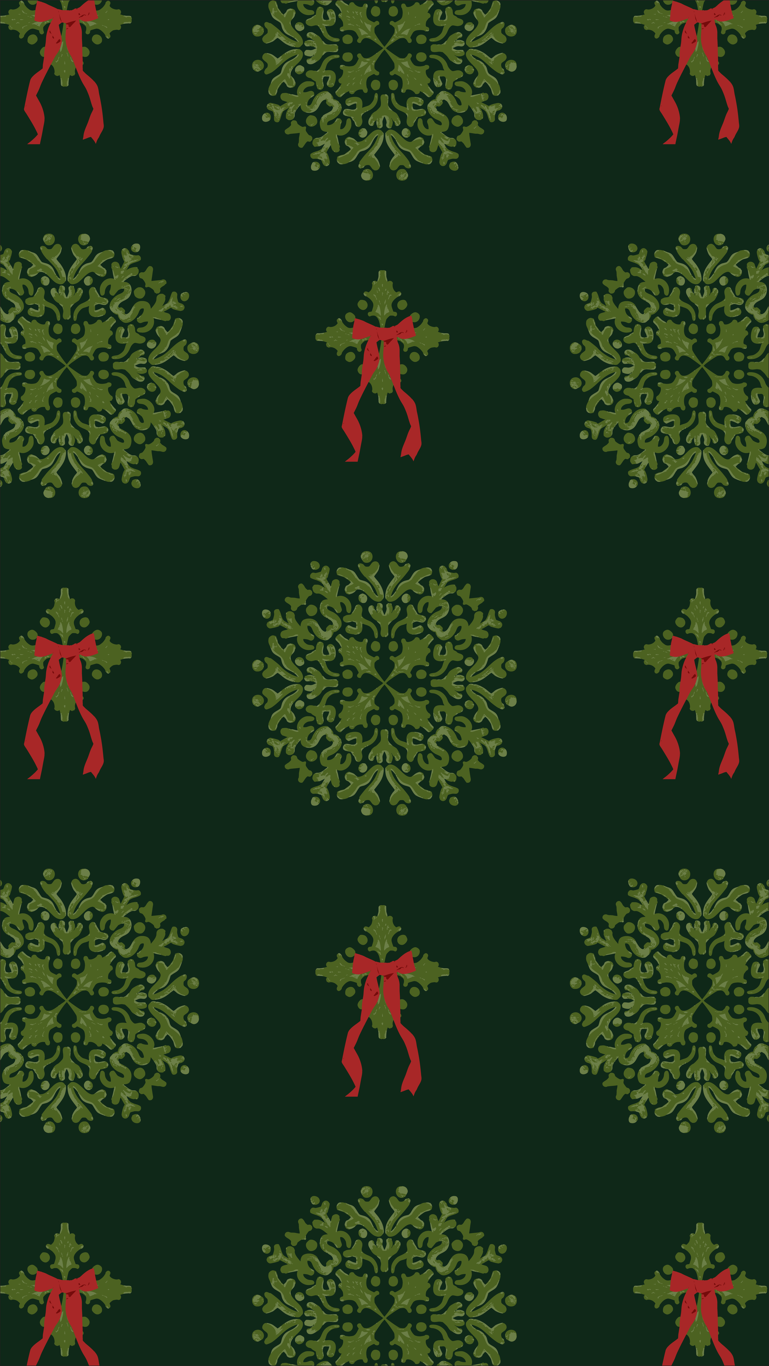 Ribboned Greenery Damask pattern featuring olive green ornamental greenery medallions and holly crosses tied with red ribbons on a deep evergreen background.