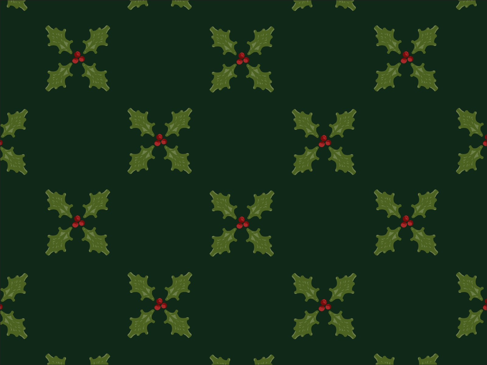 Pattern of green holly leaf clusters with red berries on a dark evergreen background.