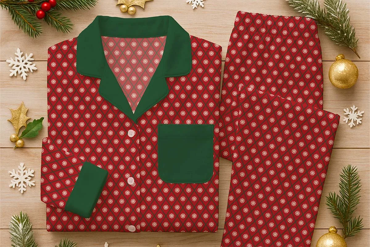 Red Christmas pajamas with green trim and a small diamond and snowflake pattern, styled with evergreen branches and ornaments.