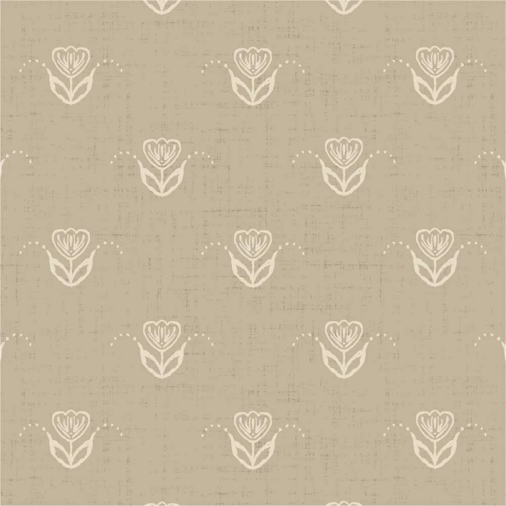 Scandinavian Tulip Garden pattern with closely spaced ivory tulips in staggered rows on a tan background with a linen-like texture.