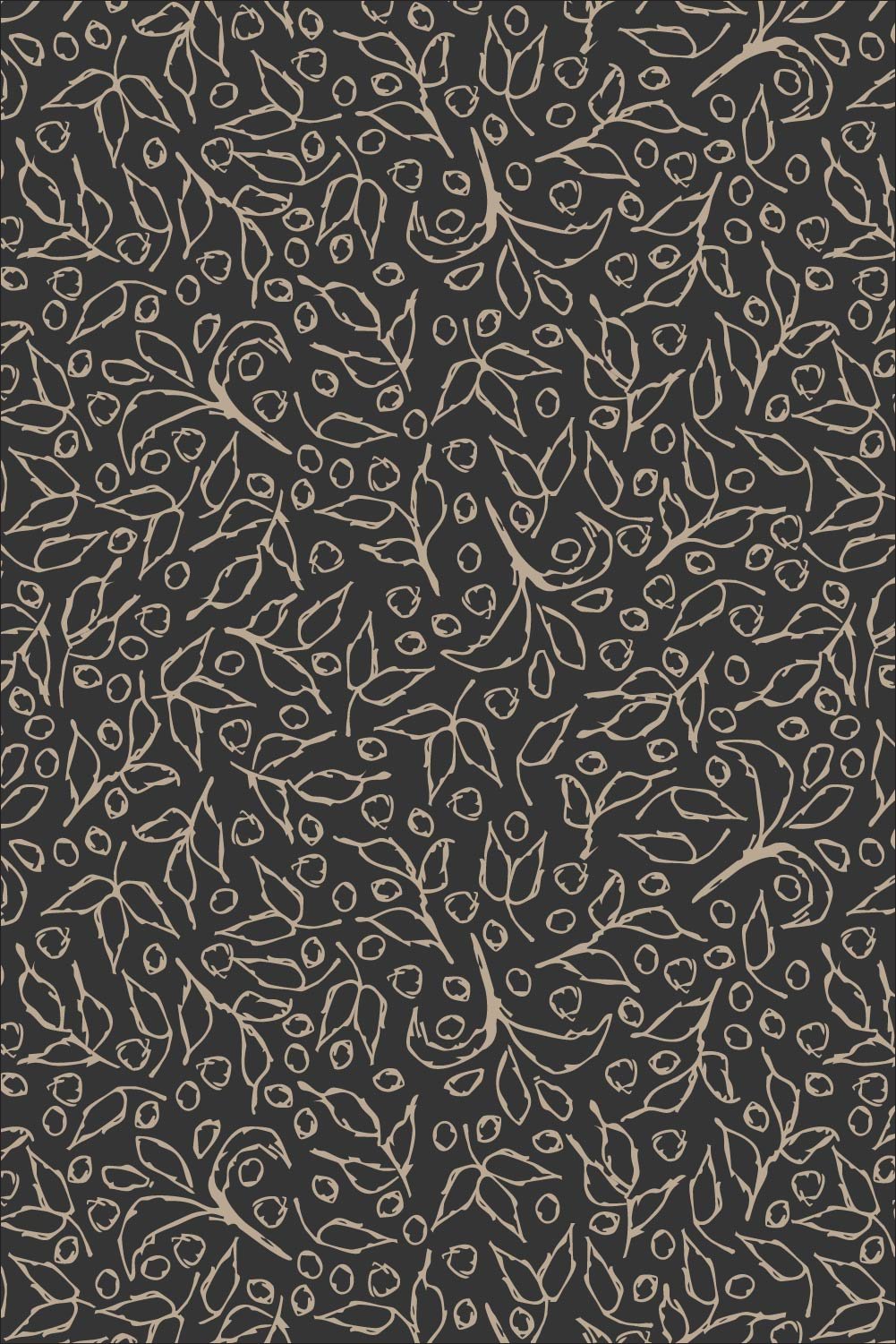 Charcoal gray Botanical Toss pattern with mushroom tan hand-drawn leaves, stems and botanical details.