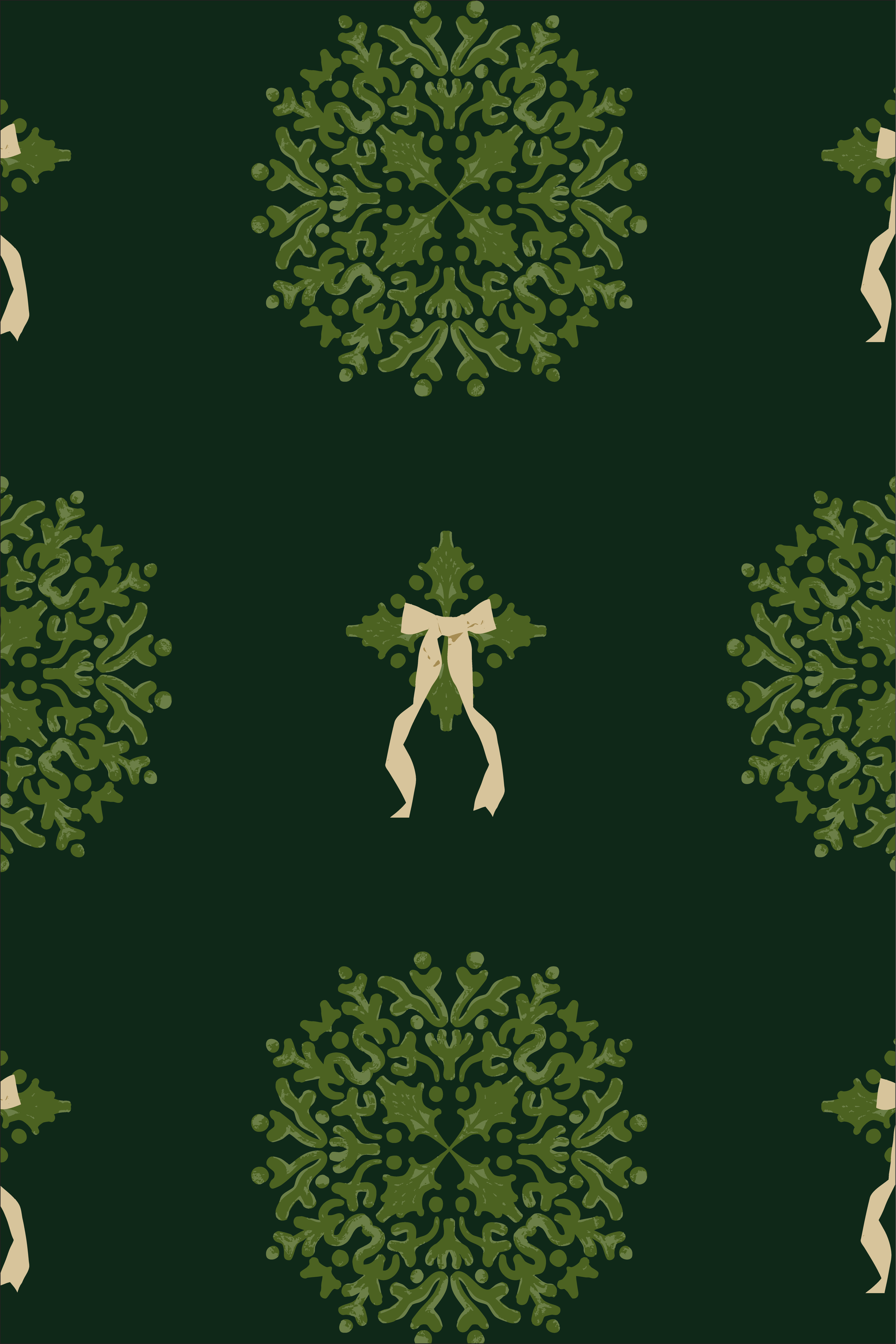 Botanical damask pattern with ribbon-like greenery flowing across a warm wheat background, reminiscent of gathered greenery arrangements