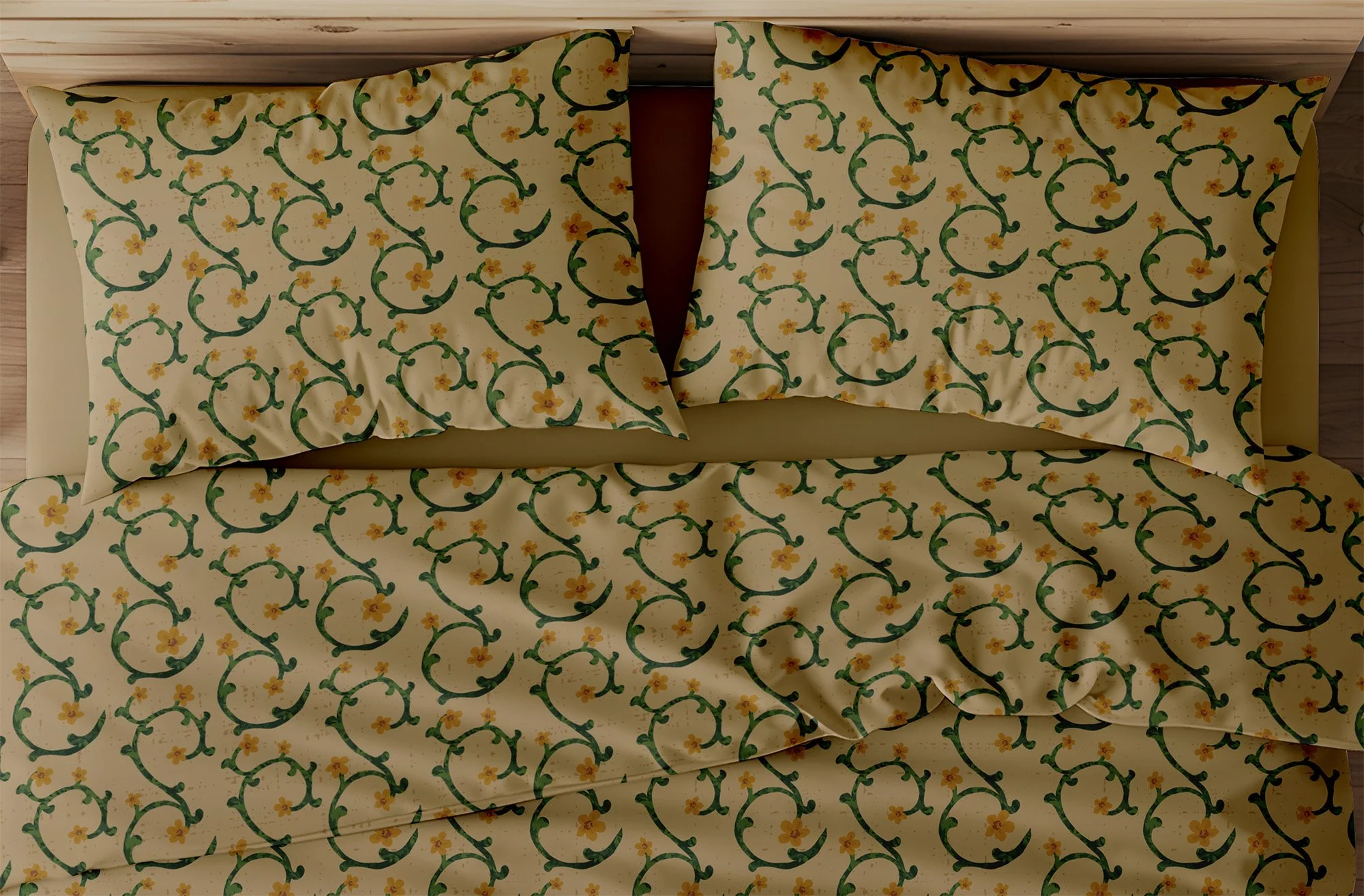 Floral vine pattern bedding with green scrolling vines and small yellow flowers on warm beige background