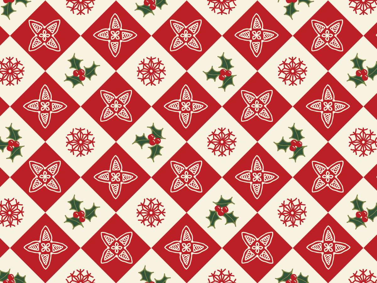 Red diamond pattern with hand-drawn floral stars, snowflakes and green holly on a warm cream background.
