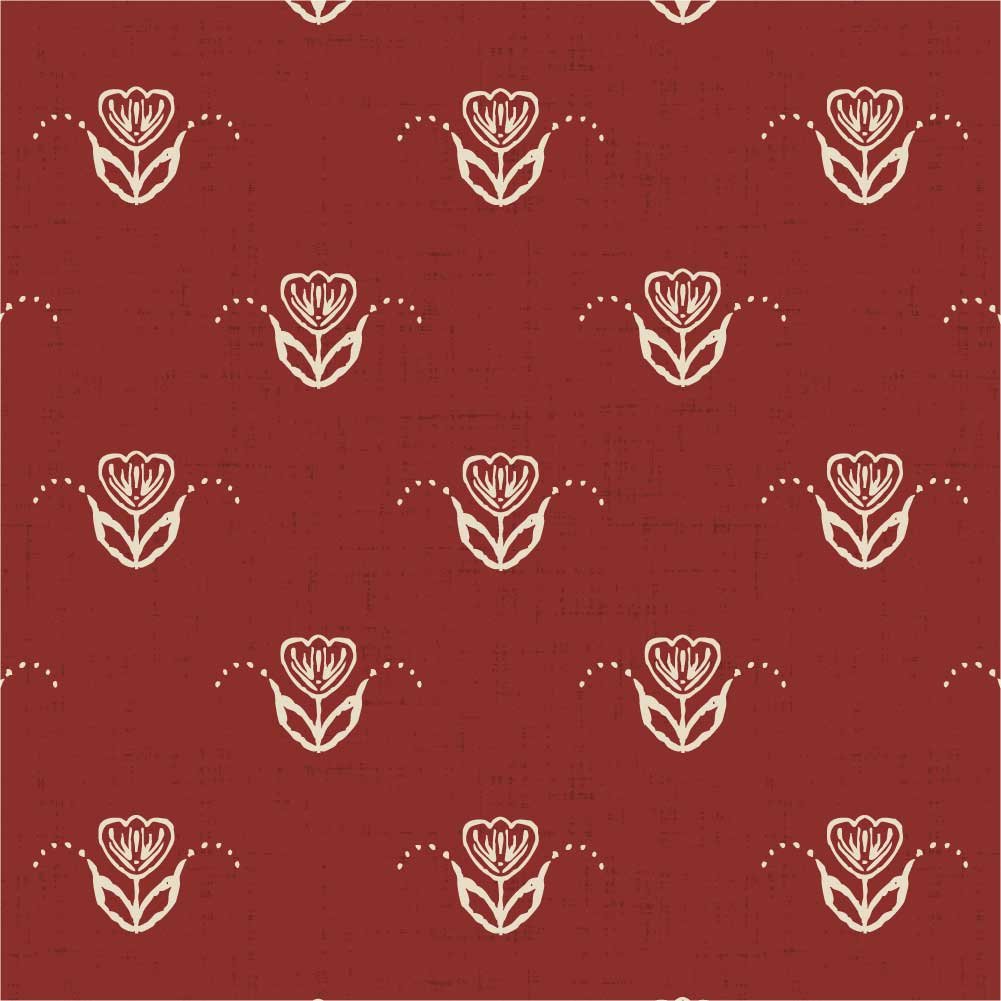 Scandinavian Tulip Garden pattern with closely spaced ivory tulips in staggered rows on a textured red background.