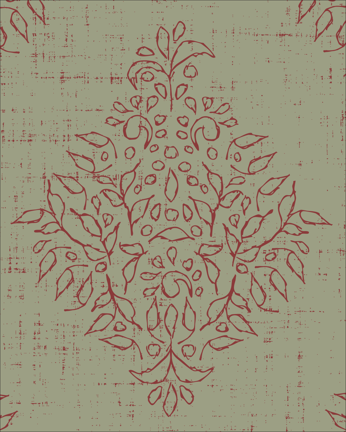 Folk Damask pattern in raspberry brick on a soft sage linen-texture background featuring a hand-drawn botanical medallion.