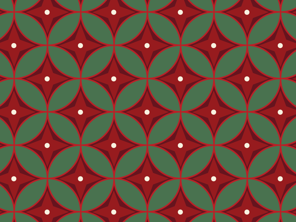 Geometric Christmas pattern of overlapping green circles and deep red four-pointed stars with cream dots.