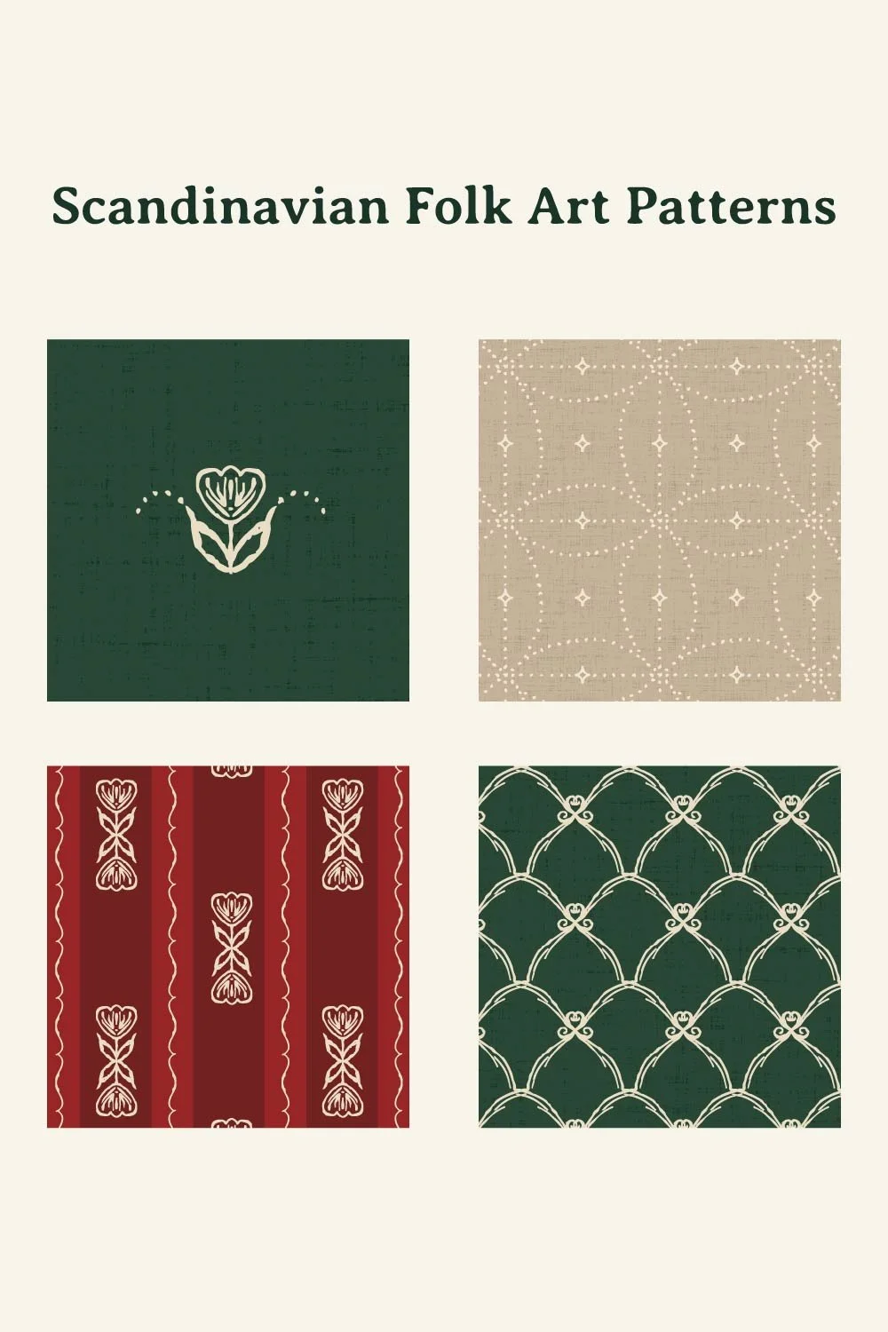 Four coordinating Scandinavian folk art patterns from the Scandi Tulip collection in forest green, red, warm ivory and natural.