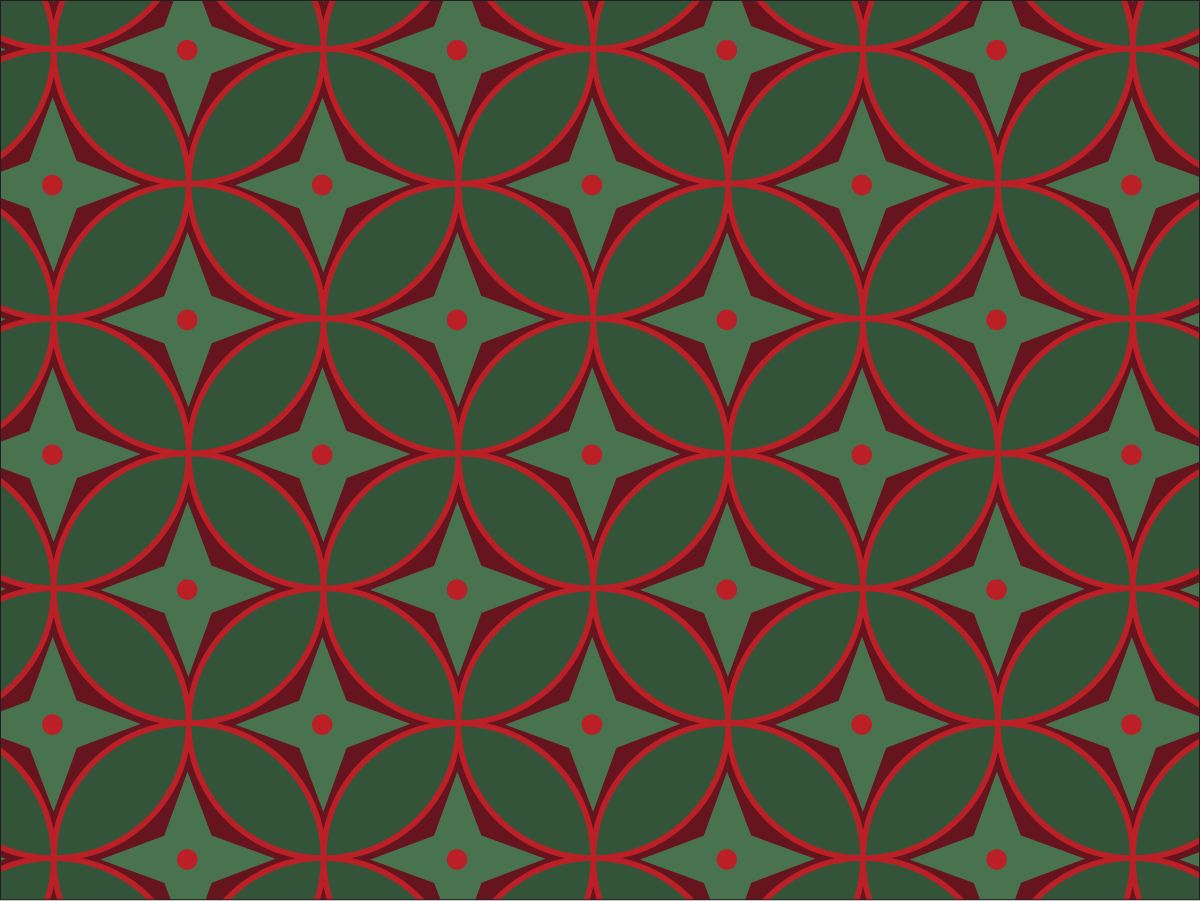 Geometric Christmas pattern of overlapping dark green circles and red four-pointed stars with red dots.