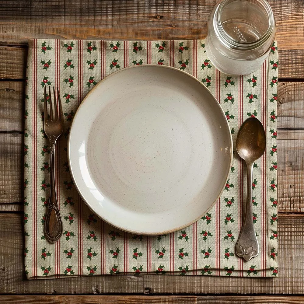 Cream Christmas placemat with narrow red stripes and rows of small red and green holly motifs on a rustic wood table.