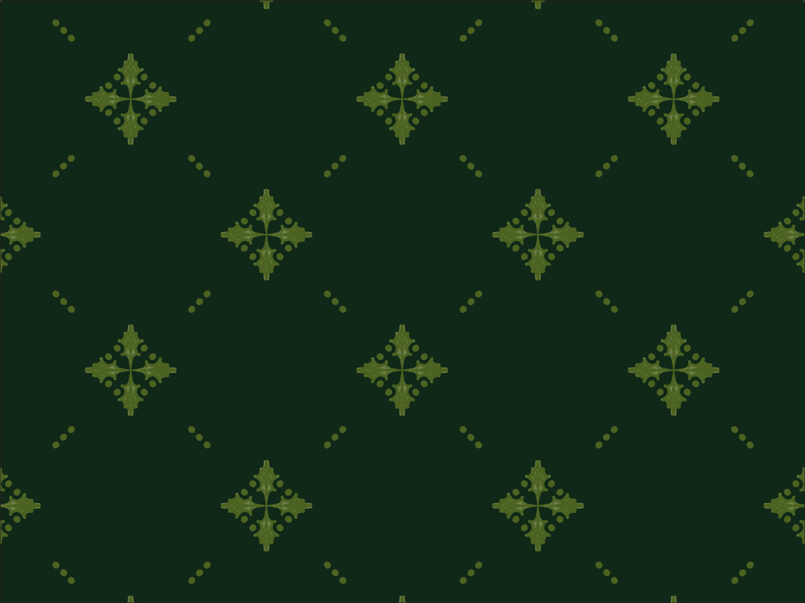 Green and dark green greenery lattice pattern with symmetrical floral and dot motifs.
