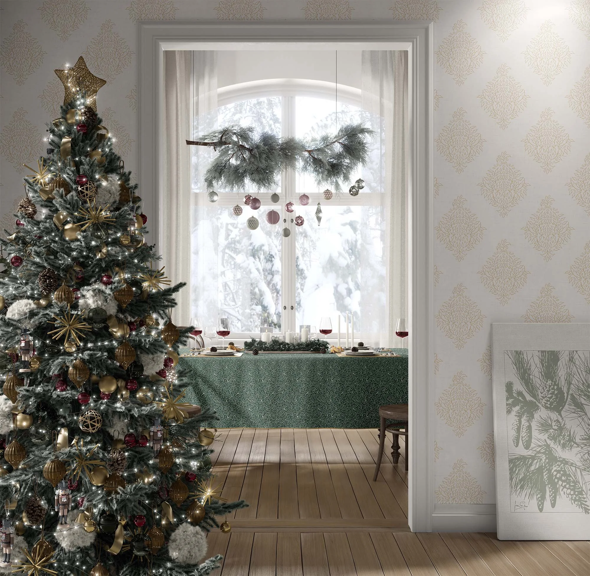 Forest pine Grove Vine tablecloth and gold antique ivory damask wallpaper in a Christmas dining room with a decorated tree, snowy window and coordinating botanical artwork.