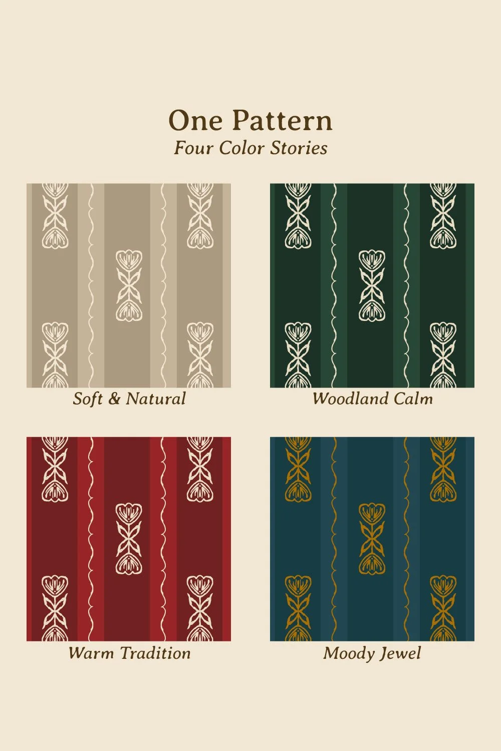 Four versions of the Scandi Tulip Ribbon pattern in tan and ivory, forest green and ivory, red and ivory, and fjord teal and antique gold.